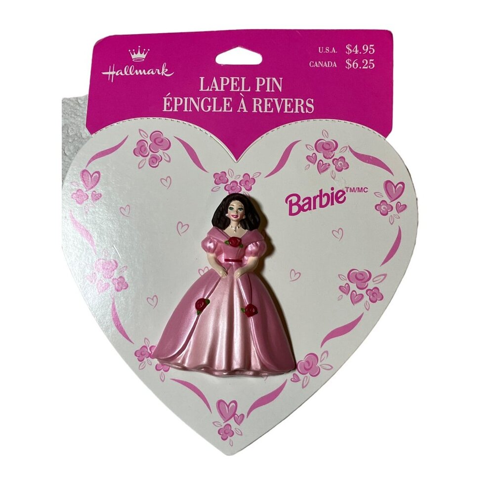 Hallmark BARBIE LAPEL PIN Pink Gown Roses 1996 Vintage